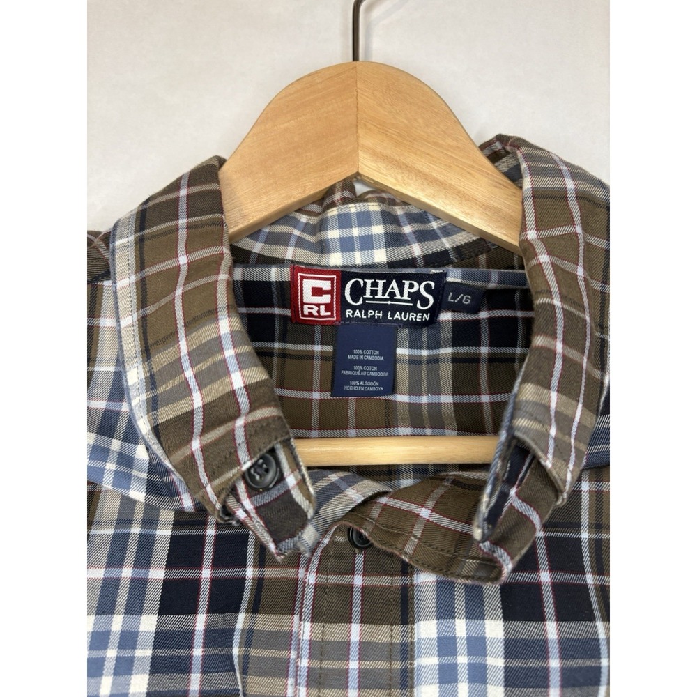 VTG 90s Chaps Ralph Lauren Polo Mens Brown Tartan Plaid Collar - L